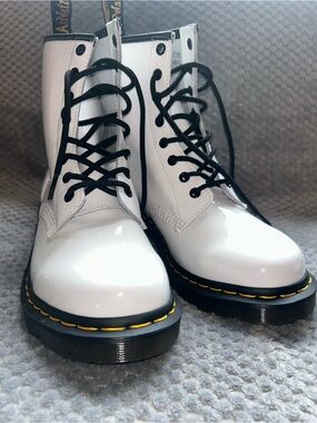Dr. Martens White Patent Lace-Up Combat Boots with Yellow Stitching